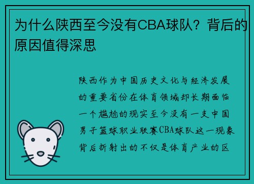 为什么陕西至今没有CBA球队？背后的原因值得深思